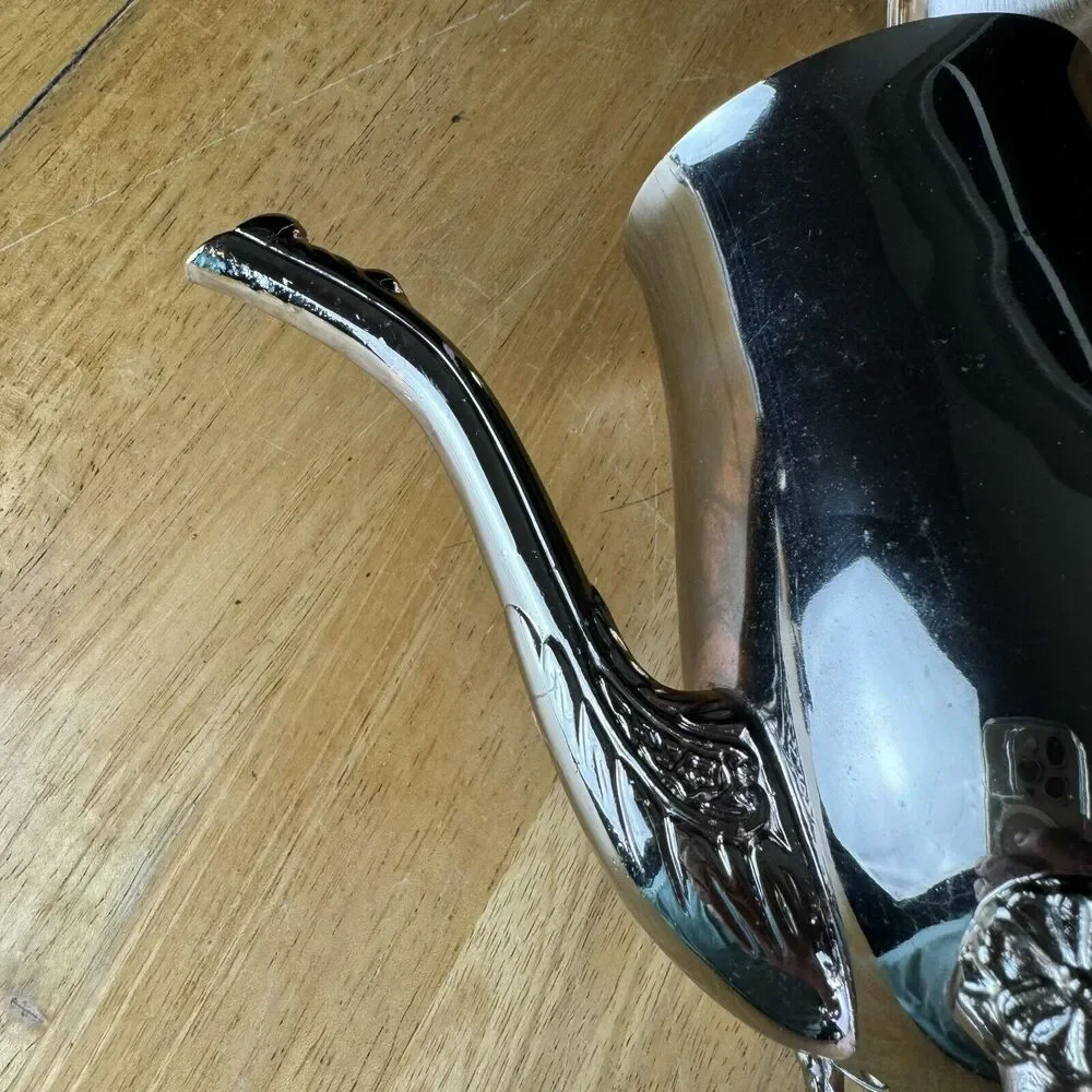 Vintage Metal Coffee Pot Gold Tone With Attached Lid Footed